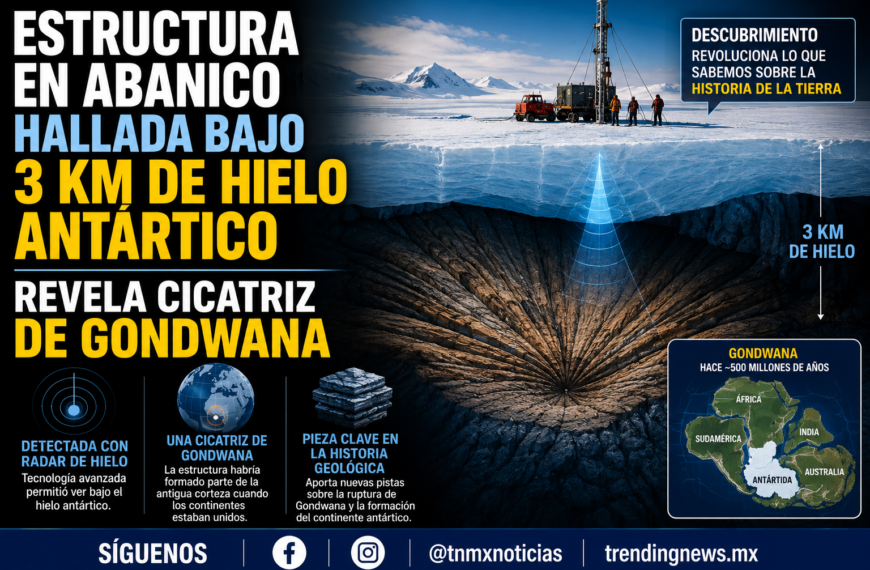 Estructura en abanico hallada bajo 3 km de hielo antártico revela cicatriz de Gondwana